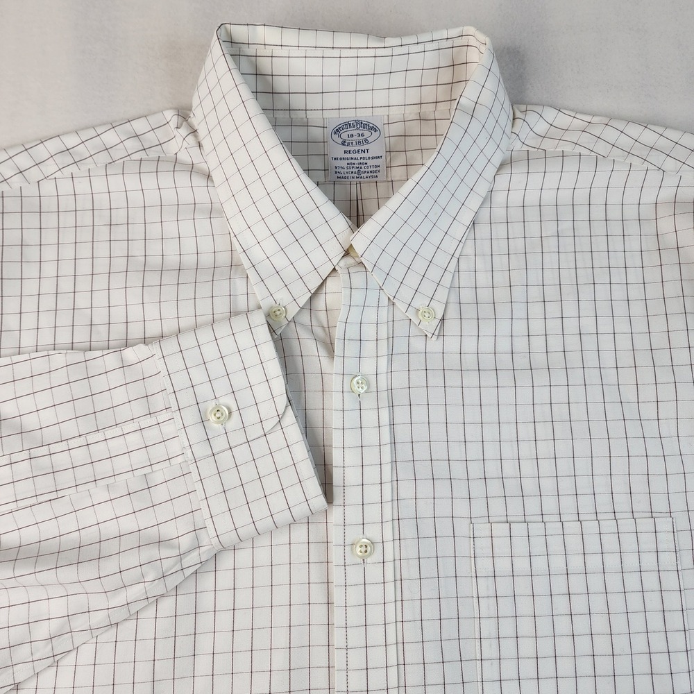 Brooks‎ Brothers Shirt Mens 18-36 White Burgundy Regent Tattersall Non-Iron